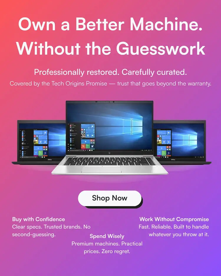 Mobile banner for refurbished laptops — Dell and HP models with Tech Origins promise and call-to-action on pink-purple background