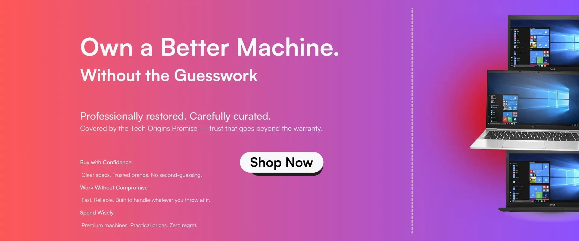 Refurbished laptop store banner — premium Dell and HP laptops with "Shop Now" CTA on vibrant gradient background | Tech Origins UAE